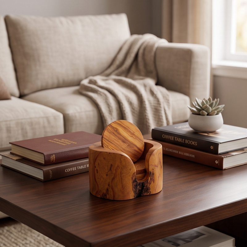 Olive Wood Coaster Set with Holder | Rustic Drink Coasters Coffee Table Mats
