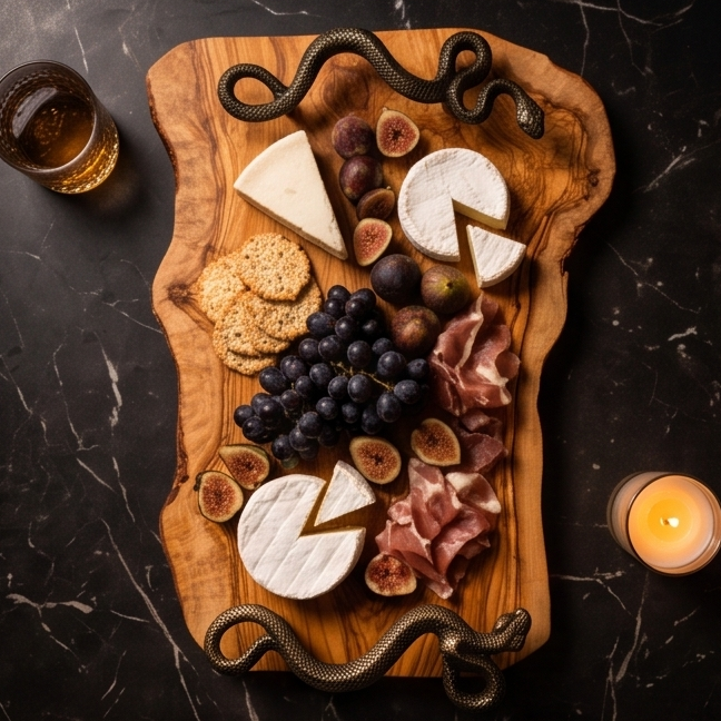 hand made olive wood tray with Snake shaped handle