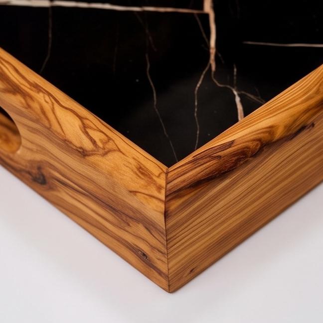 Olive Wood Rectangular Olive Wood Marble effect Tray with Handle