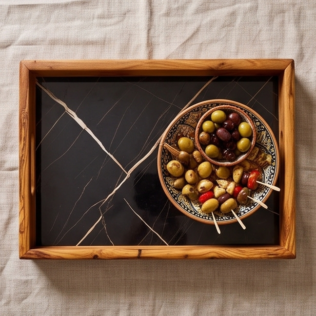 Olive Wood Rectangular Olive Wood Marble effect Tray with Handle