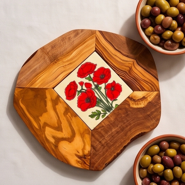Rustic Olive Wood Ceramic Restaurant Serving Tray