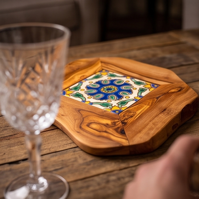 Small Rustic Olive Wood Ceramic Restaurant Serving Tray