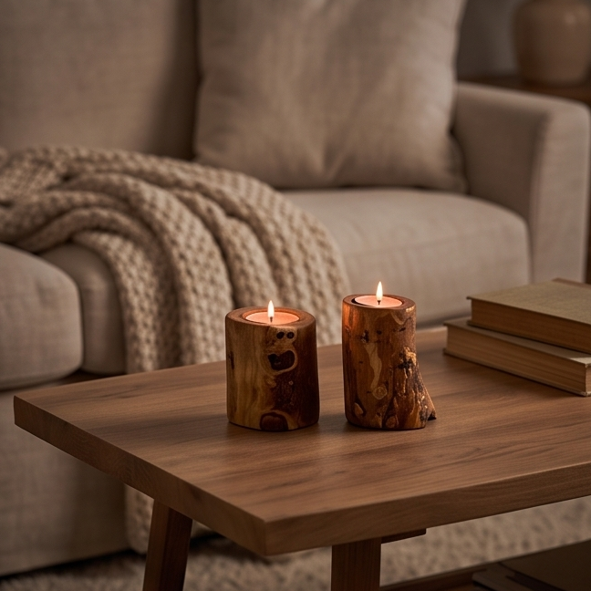 Handcrafted Rustic Olive Wood Log Candle Holder (8cm, 10cm & 12cm) – Rustic Tealight Pillar