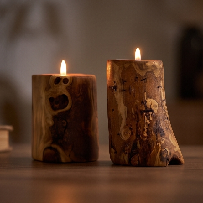 Handcrafted Rustic Olive Wood Log Candle Holder (8cm, 10cm & 12cm) – Rustic Tealight Pillar