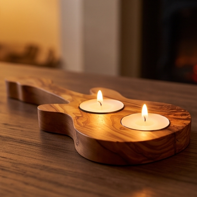Handcrafted Olive Wood Guitar Candle Holder (25 cm) – Double Tealight Music Gift