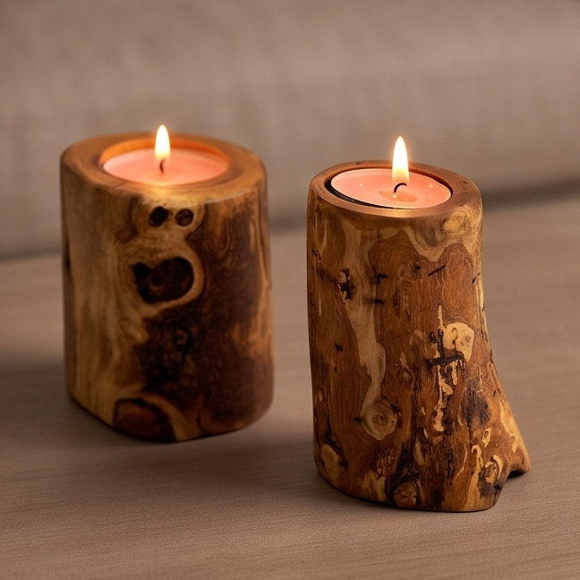 Handcrafted Rustic Olive Wood Log Candle Holder (8cm, 10cm & 12cm) – Rustic Tealight Pillar