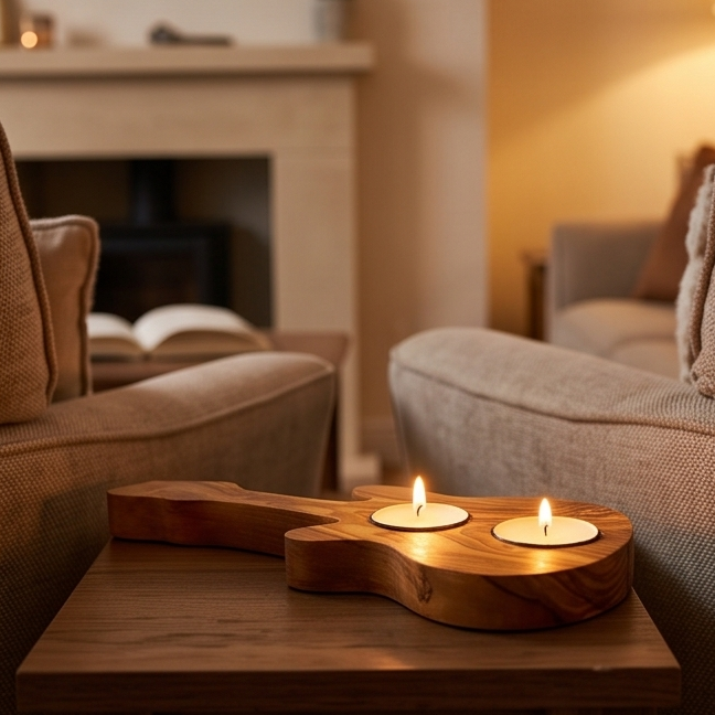 Handcrafted Olive Wood Guitar Candle Holder (25 cm) – Double Tealight Music Gift
