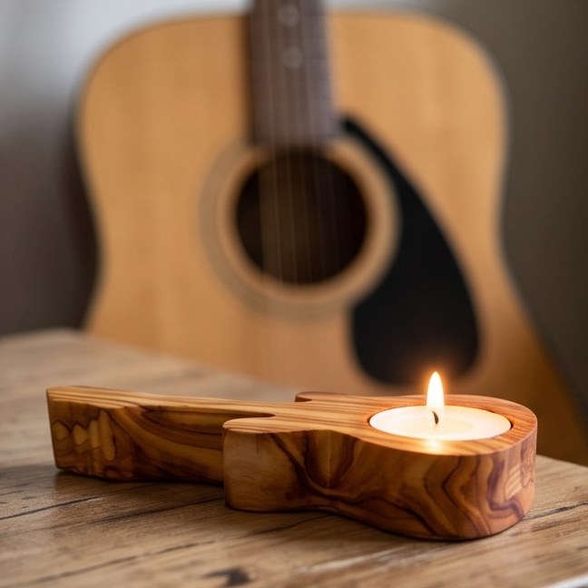 Handcrafted Olive Wood Guitar Candle Holder (15 cm) – Unique Music Gift