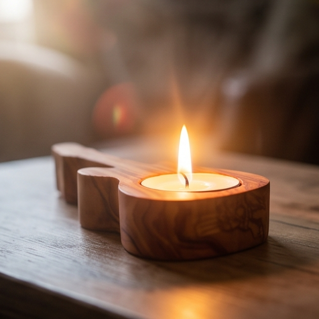 Handcrafted Olive Wood Guitar Candle Holder (15 cm) – Unique Music Gift