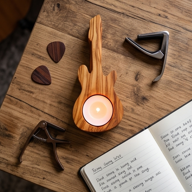 Handcrafted Olive Wood Guitar Candle Holder (15 cm) – Unique Music Gift