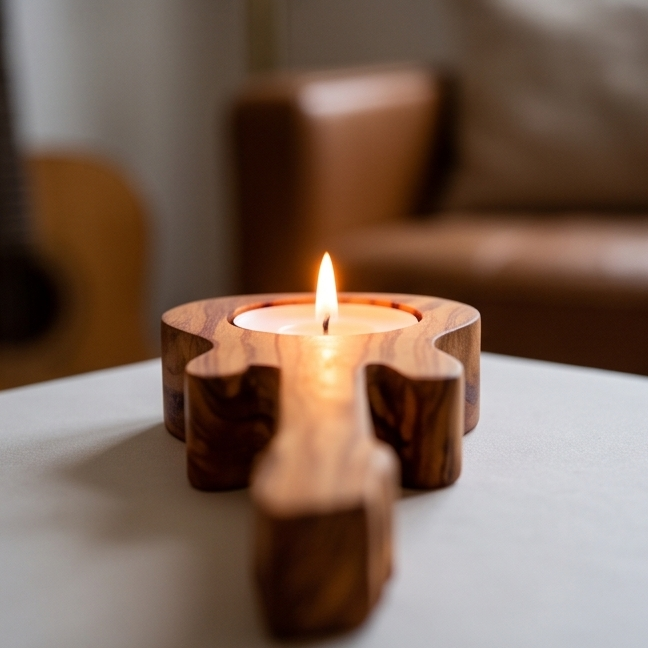 Handcrafted Olive Wood Guitar Candle Holder (15 cm) – Unique Music Gift