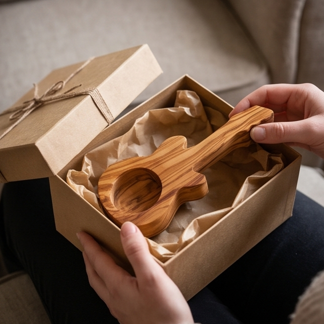 Handcrafted Olive Wood Guitar Candle Holder (15 cm) – Unique Music Gift