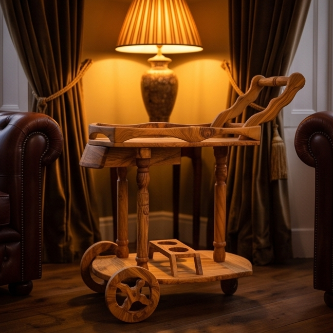 Luxury Solid Olive Wood Bar Cart | Handcrafted Rolling Wine & Beverage Serving Trolley