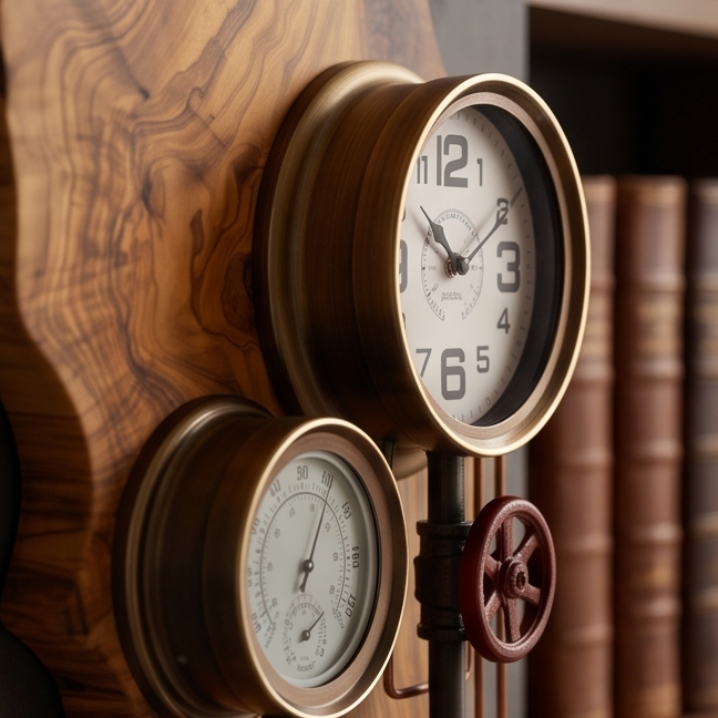 Industrial Steampunk Olive Wood Wall Clock | Luxury Live Edge Weather Station Decor