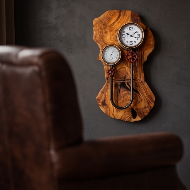 Industrial Steampunk Olive Wood Wall Clock | Luxury Live Edge Weather Station Decor