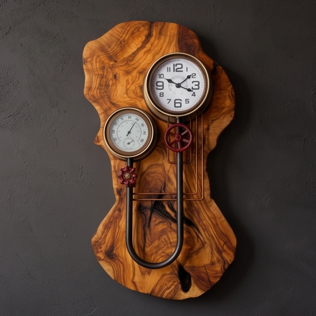Industrial Steampunk Olive Wood Wall Clock | Luxury Live Edge Weather Station Decor