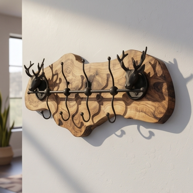 Rustic Live Edge Olive Wood Wall Coat Rack with Stag Head Accents
