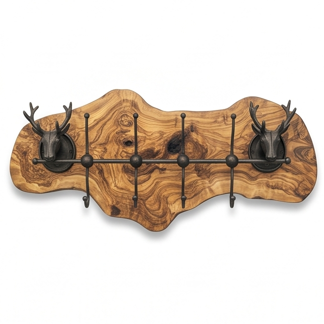 Rustic Live Edge Olive Wood Wall Coat Rack with Stag Head Accents