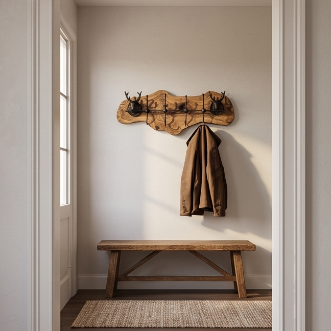 Rustic Live Edge Olive Wood Wall Coat Rack with Stag Head Accents