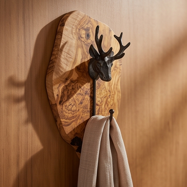 Freeform Olive Wood Stag Head Wall Hook | Luxury Cast Iron Deer Antler Coat Hanger