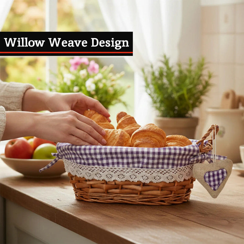 Willow Bread Basket with Purple Gingham Lining | Orla