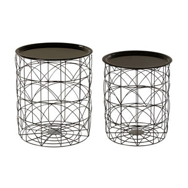Set of 2 Black Recessed Tops and Metal Wire Basket Frame Side Tables | Hege