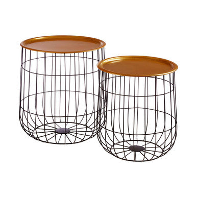 Set of 2 Brass Finish Top and Black Metal Wire Frame Side Tables | Hege
