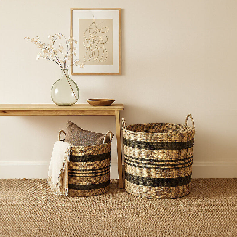Arles Set of 2 Seagrass Baskets with Black Stripes.