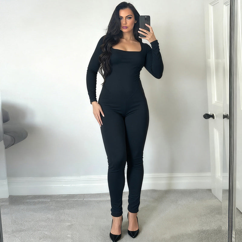 New Sexy U-neck Backless Strap Long-sleeve Solid-color Hip-lifting Jumpsuit