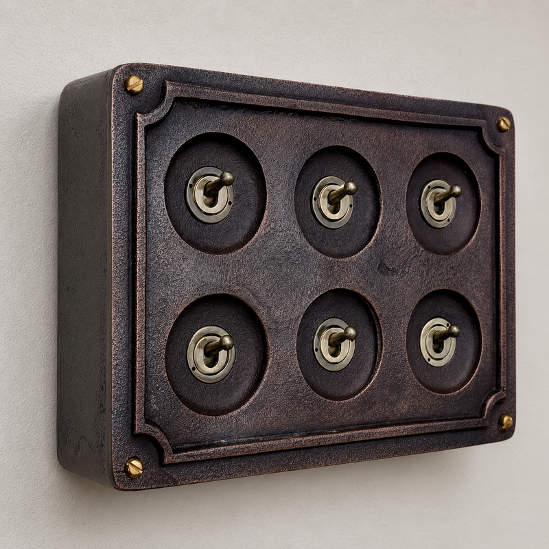 6 Gang 2 Way Antique Copper Solid Cast Metal Conduit Light Switch Industrial - BS EN Vintage Crabtree 1950’s Style