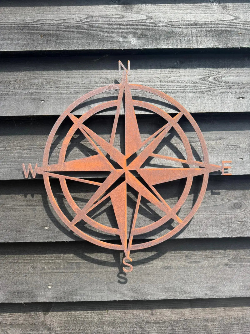Rusty Compass Garden Decoration , Wall Or Fence Ornament