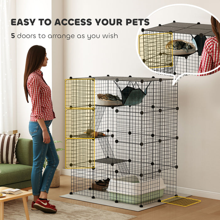 PawHut 4-Tier Cat Cage Indoor, DIY Cat Playpen with Hammock, Ramps, 5 Doors