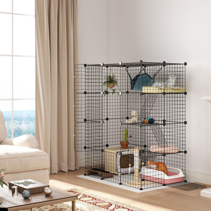 PawHut 4-Tier Cat Cage Indoor, DIY Cat Playpen with Hammock, Ramps, 5 Doors