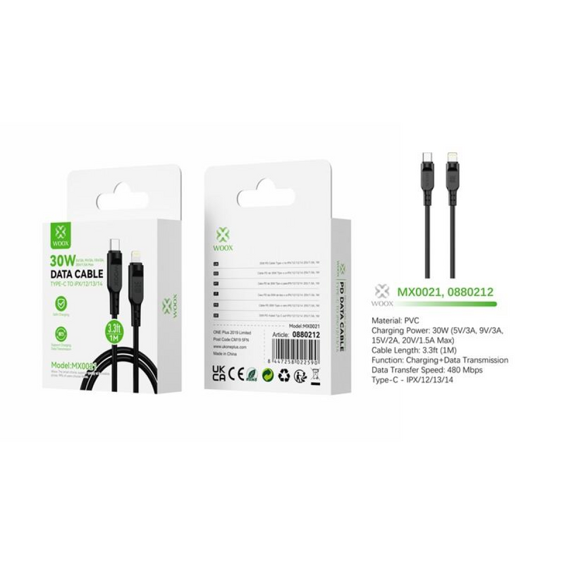 Woox Type C to Lightning PVC Data Cable, 30W, 9.8ft 3m, Black