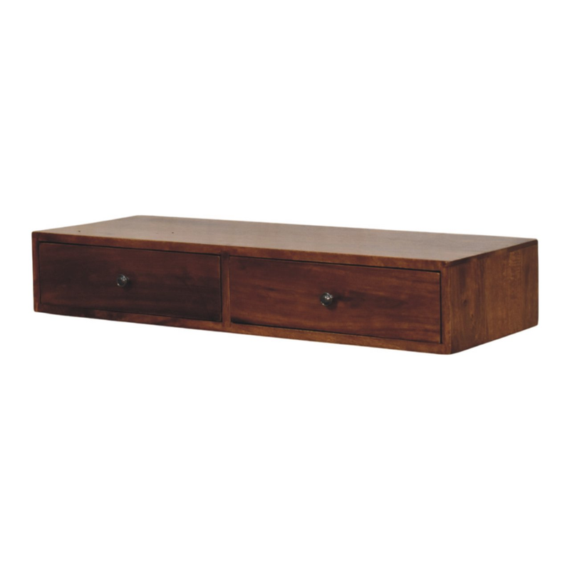Artisan Furniture Solid Wood Lunar 2 Drawer Chestnut Wall Mounted Console, Dark Brown
