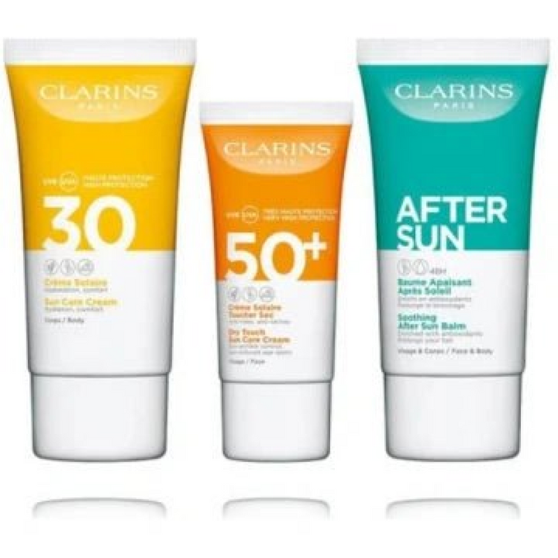 Clarins Suncare Travel Set (Face Cream SPF50 30ml  Body Cream SPF30 75ml  After Sun Balm 75ml)