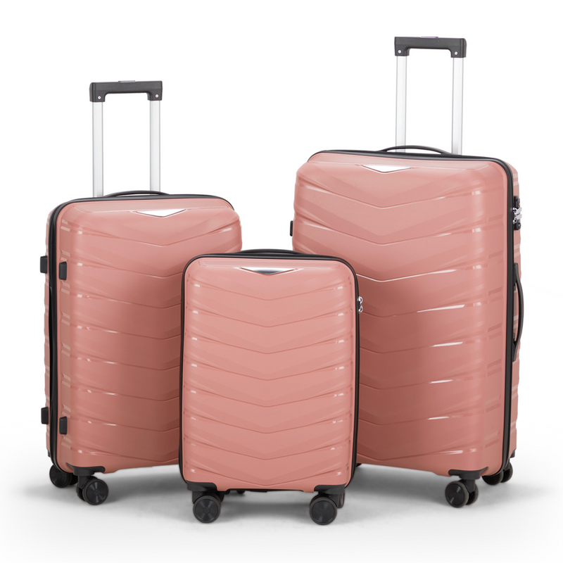 V-shaped stripes 3-in-1 PP trolley case 20in 24in 28in PP iron trolley fashionable colour - rose gold (grain pattern)