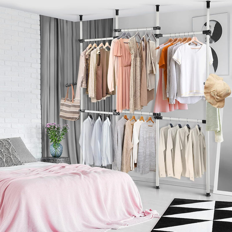 Telescopic Clothes Rack Adjustable Hanging Rail with Hooks 8-10.8ft Cocoarm