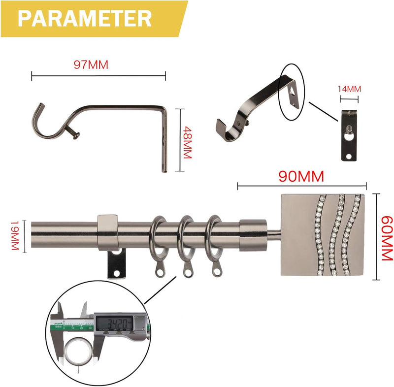 Extendable Curtain Pole 130-240cm Black Nickel 19mm Metal Curtain Rod Set