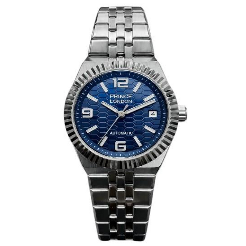 NYL Mens Automatic Metal Hollow Mechanical Dated Dial Analogue Silver/Blue Metal Bracelet Watch NY London