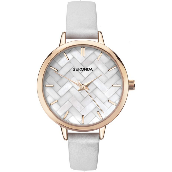 Sekonda Ladies White Marble Effect Dial with White Leather Strap Watch 2825