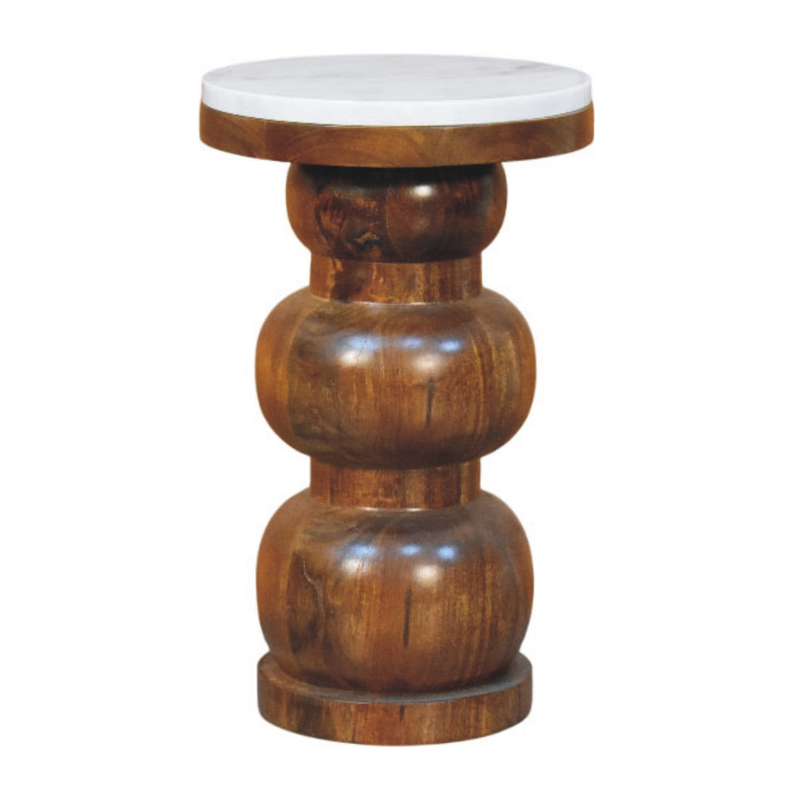 Artisan Furniture Solid Wood Marble Top Bulla Side Table, Brown & White