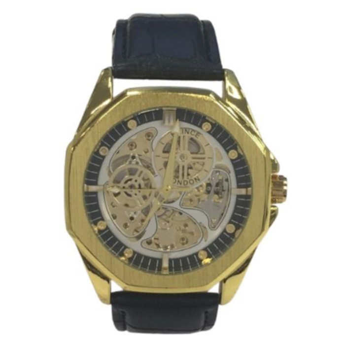 NY London Mens Automatic Dial Analogue Gold/White/Black Leather Strap Watch