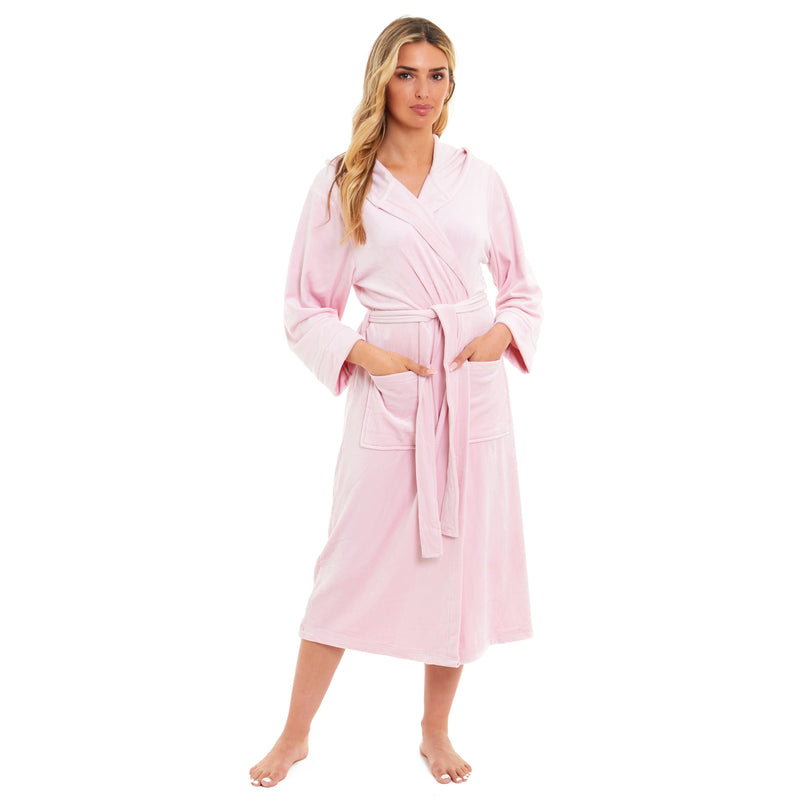 Elegant Women's Hooded Velour Robe Ultra-Soft Luxurious Bathrobe Perfect for Lounging Spa and Gym in Pink and Grey Adjustable Fit Multiple Sizes by Daisy Dreamer