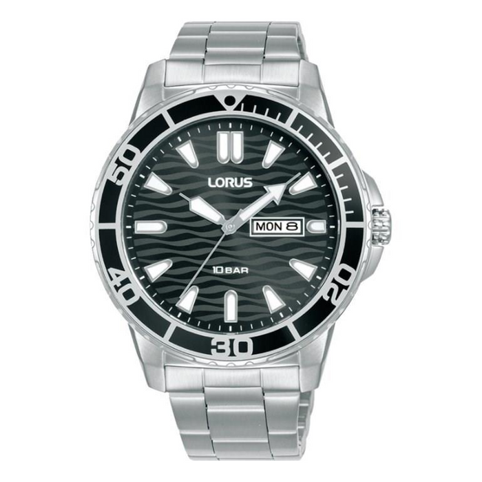 Lorus Mens Sports Day Date Black Dial Seigaiha-mon With Stainless Steel Bracelet Watch RH361AX9