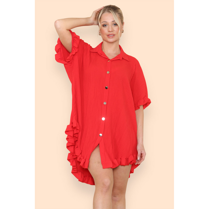 Over Sized Italian Gold Button Pleated Frill Ruffle TikTok Dress Top