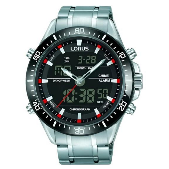 Lorus Mens Chronograph Day Date Black Dial Silver Stainless Steel Bracelet Watch RW635AX5