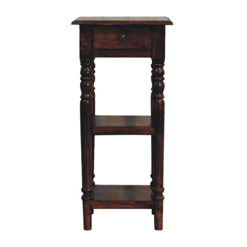 Artisan Furniture Solid Wood Tall Turned Leg Side Table, 1 Drawer & 2 Shelves, Brown