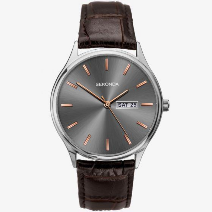 Sekonda Mens Basic Day date Grey Dial Brown Leather Strap Watch 1685