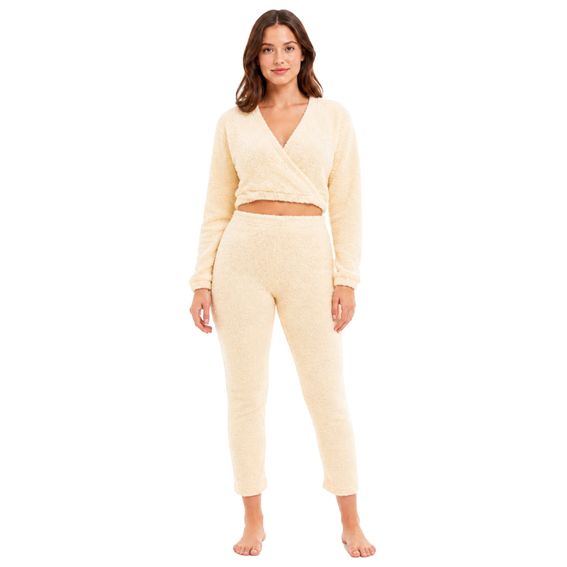 Women's Ultra Soft Teddy Fleece Loungewear Set Long Sleeve Wrap Top and Stretch Fit Pants Ideal for Relaxing and Sleeping Daisy Dreamer